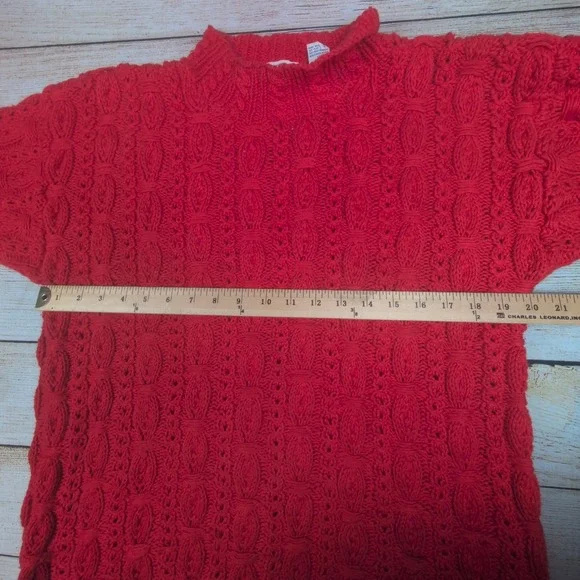 90s Cape Isle Knitters Red Cable Knit Sweater Womens Medium Hand Knit Mock Neck - Picture 5 of 7